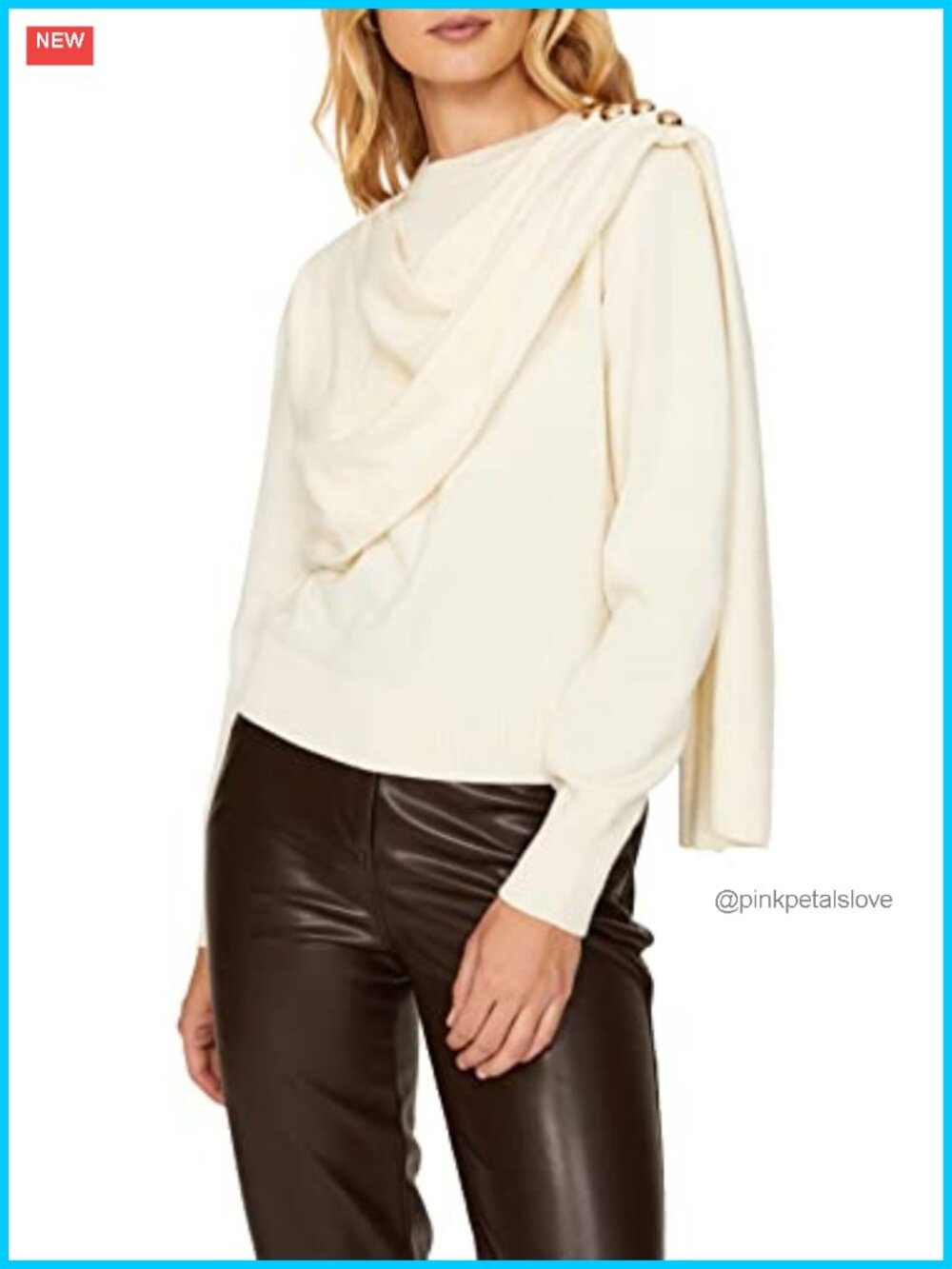Drape Front Button Shoulder Knit Sweater Loose Fit Crew Neck Long Sleeve